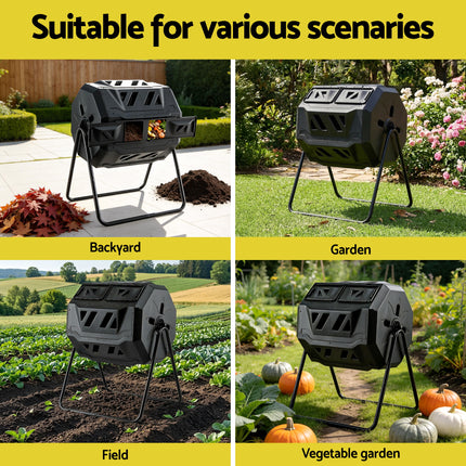 Gardeon Compost Bin Dual-Chamber 160L Composter Tumbler Rotating Garden Recycle Food Waste.