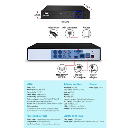 UL-TECH 1080P Security Camera System 4CH DVR with 2 CCTV Bullet Cameras.