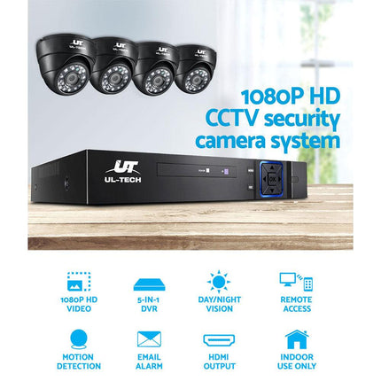 UL-TECH 1080P Security Camera System 4CH DVR with 4 CCTV Dome Cameras.
