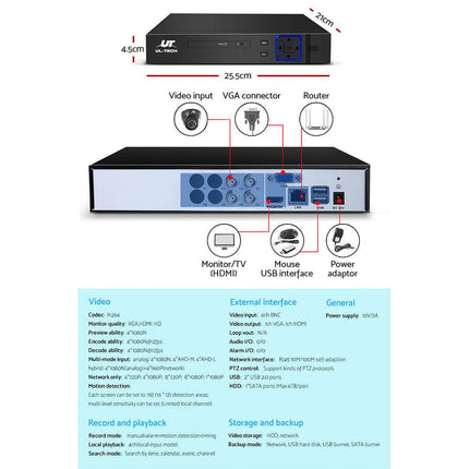 UL-TECH 1080P Security Camera System 4CH DVR with 4 CCTV Dome Cameras.