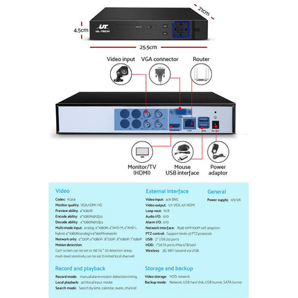UL-TECH 1080P Security Camera System 4CH DVR with 4 CCTV Square Cameras.