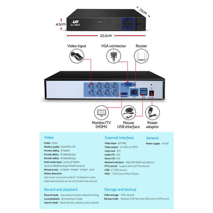 UL-TECH 1080P Security Camera System 8CH DVR with 8 CCTV Bullet Cameras.