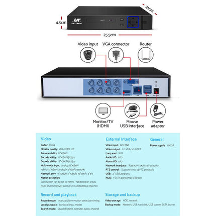 UL-TECH 1080P Security Camera System 8CH DVR with 8 CCTV Dome Cameras.