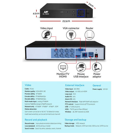 UL-TECH 1080P Security Camera System 8CH DVR with 8 CCTV Square Cameras.