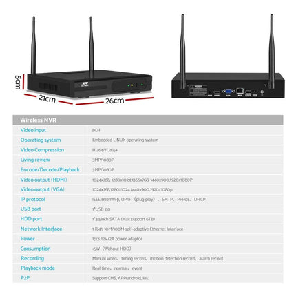 UL-tech Wireless CCTV Security System 8CH NVR 3MP 8 Square Cameras.