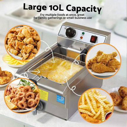 Devanti 3000W Electric Deep Fryer 10L Stainless Steel Fryer w/ Basket & Lid.
