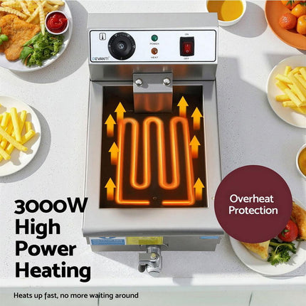 Devanti 3000W Electric Deep Fryer 10L Stainless Steel Fryer w/ Basket & Lid.