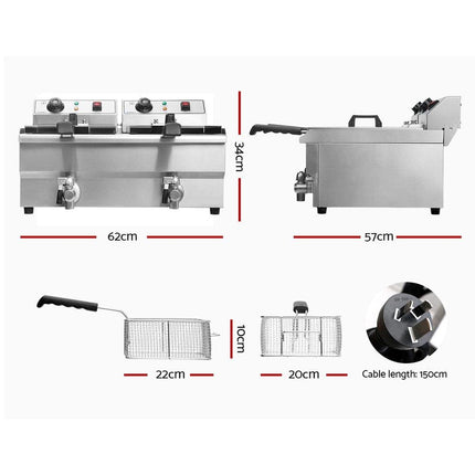 Devanti 20L Electric Commercial Deep Fryer Double Baskets Oil Taps 6000W.