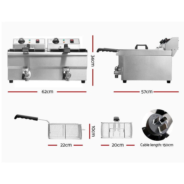Devanti 20L Electric Commercial Deep Fryer Double Baskets Oil Taps 6000W.