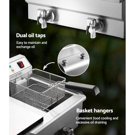 Devanti 20L Electric Commercial Deep Fryer Double Baskets Oil Taps 6000W.
