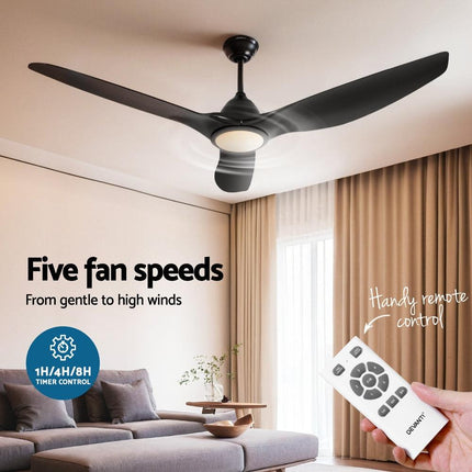 Devanti 64 Inch Ceiling Fan DC Motor w/Light w/Remote - Black.