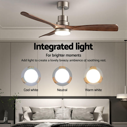Devanti 52" Ceiling Fan with Light Remote Control DC Motor Smart App Timber Blades Brown.