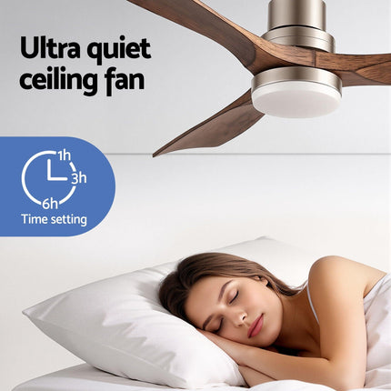 Devanti 52" Ceiling Fan with Light Remote Control DC Motor Smart App Timber Blades Brown.
