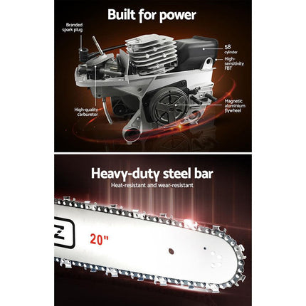 Giantz 58cc Petrol Chainsaw 20 Inch Bar Chain Saw Tree Pruner 2 Stroke E-Start.