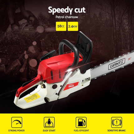 Giantz 58cc Petrol Chainsaw 20 Inch Bar Chain Saw Tree Pruner 2 Stroke E-Start.