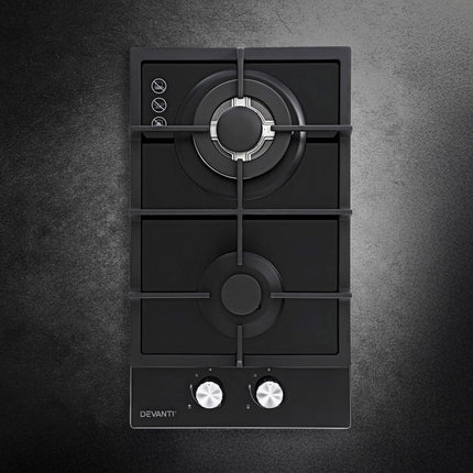 Devanti Gas Cooktop 30cm 2 Burner Built-in Stove Glass Cook Top NG LPG Wok Burner.
