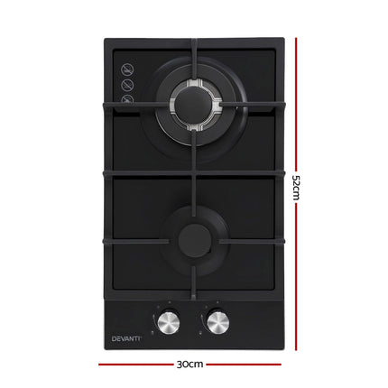 Devanti Gas Cooktop 30cm 2 Burner Built-in Stove Glass Cook Top NG LPG Wok Burner.