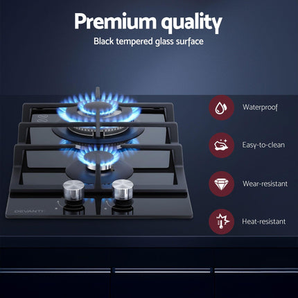 Devanti Gas Cooktop 30cm 2 Burner Built-in Stove Glass Cook Top NG LPG Wok Burner.