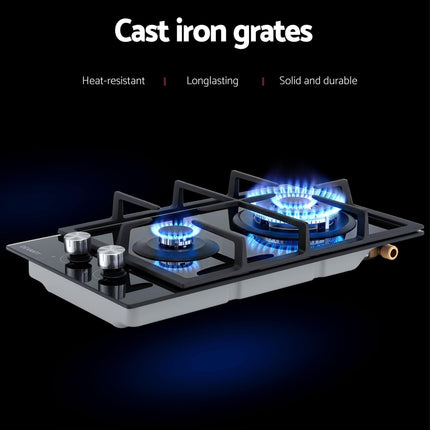 Devanti Gas Cooktop 30cm 2 Burner Built-in Stove Glass Cook Top NG LPG Wok Burner.