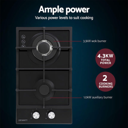 Devanti Gas Cooktop 30cm 2 Burner Built-in Stove Glass Cook Top NG LPG Wok Burner.