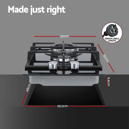 Devanti Gas Cooktop 30cm 2 Burner Built-in Stove Glass Cook Top NG LPG Wok Burner.