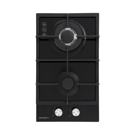 Devanti Gas Cooktop 30cm 2 Burner Built-in Stove Glass Cook Top NG LPG Wok Burner.