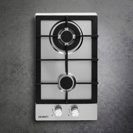 Devanti Gas Cooktop 30cm 2 Burner Silver.