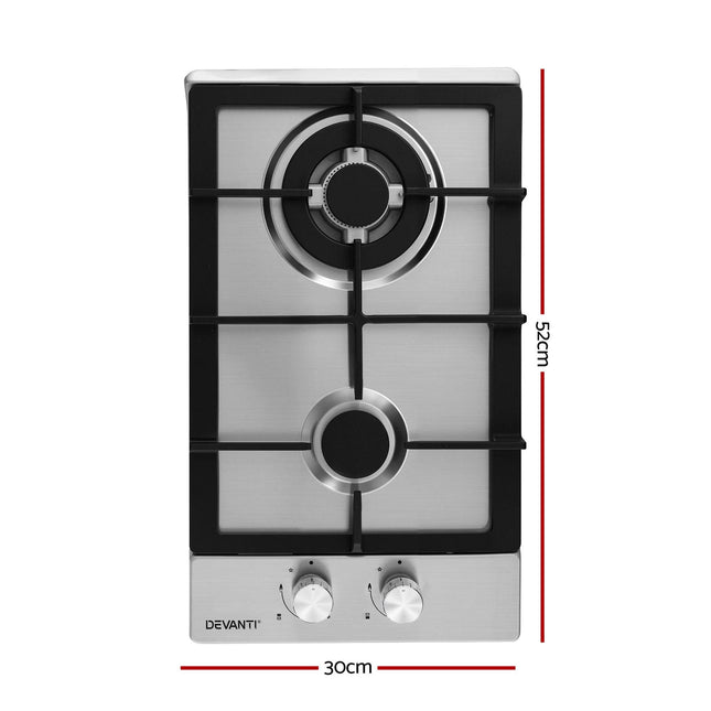 Devanti Gas Cooktop 30cm 2 Burner Silver.