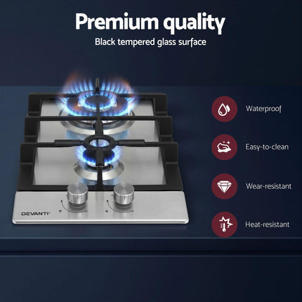 Devanti Gas Cooktop 30cm 2 Burner Silver.
