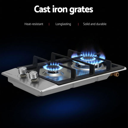 Devanti Gas Cooktop 30cm 2 Burner Silver.