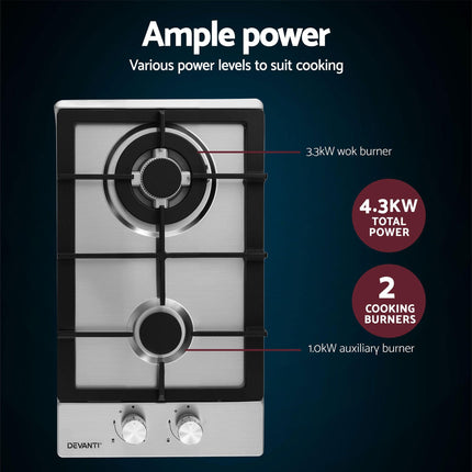 Devanti Gas Cooktop 30cm 2 Burner Silver.