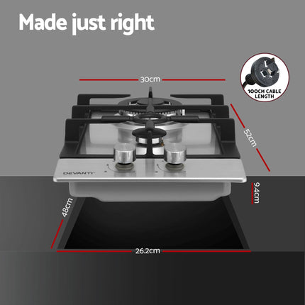 Devanti Gas Cooktop 30cm 2 Burner Silver.