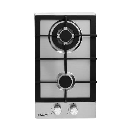 Devanti Gas Cooktop 30cm 2 Burner Silver.