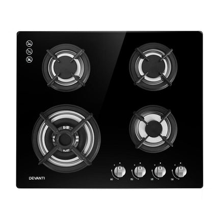 Devanti Gas Cooktop 60cm 4 Burner Black.