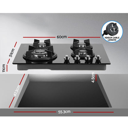 Devanti Gas Cooktop 60cm 4 Burner Black.