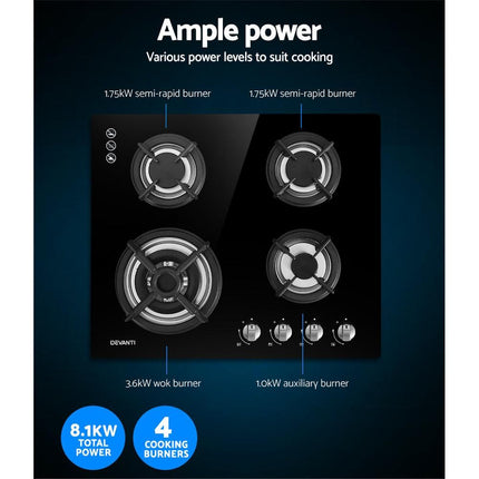 Devanti Gas Cooktop 60cm 4 Burner Black.