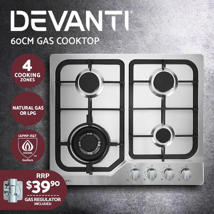 Devanti Gas Cooktop 60cm 4 Burner Silvir.