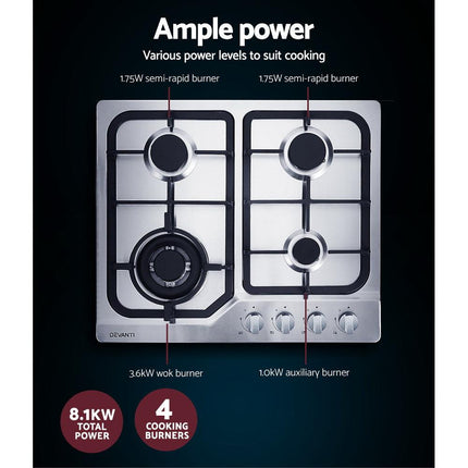 Devanti Gas Cooktop 60cm 4 Burner Silvir.