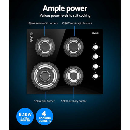 Devanti Gas Cooktop 60cm Stove Hob Black.
