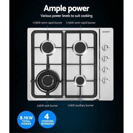 Devanti Gas Cooktop 60cm Stove Hob Silvir.