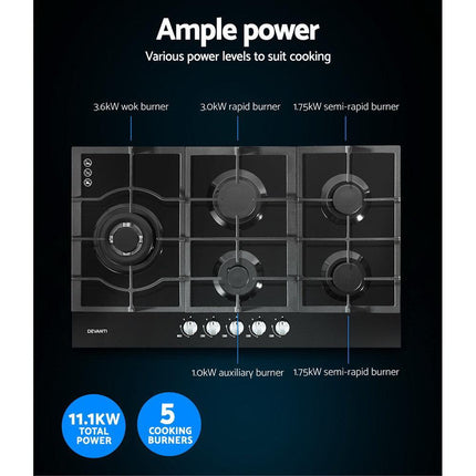 Devanti Gas Cooktop 90cm 5 Burner Black.