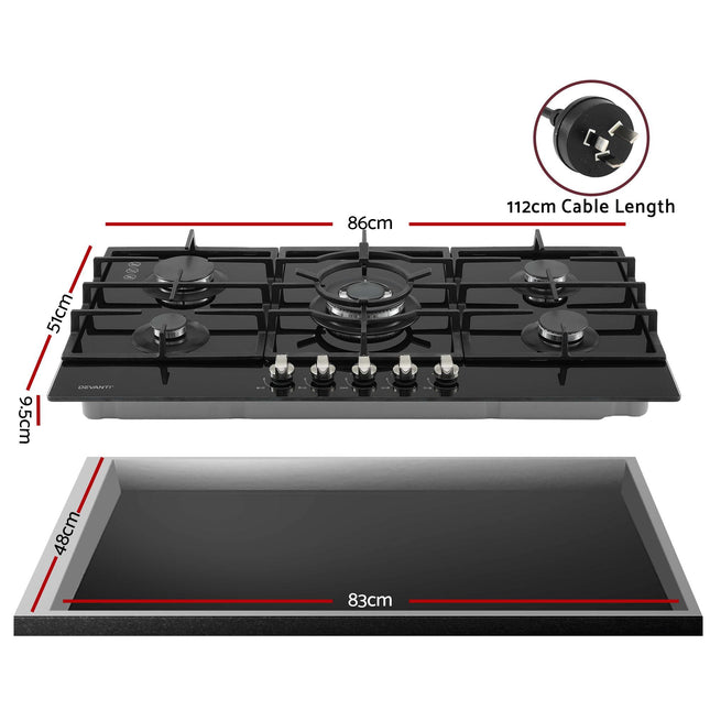Devanti 90cm Gas Cooktop 5 Burner LPG NG Tempered Glass Hob Black