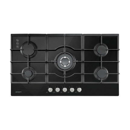Devanti 90cm Gas Cooktop 5 Burner LPG NG Tempered Glass Hob Black