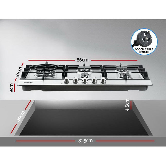 Devanti Gas Cooktop 90cm 5 Burner Silvir.