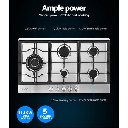 Devanti Gas Cooktop 90cm 5 Burner Silvir.
