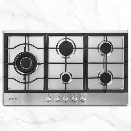 Devanti Gas Cooktop 90cm 5 Burner Silvir.