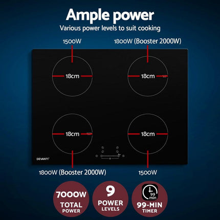 Devanti Electric Induction Cooktop 70cm Ceramic 4 Zones Stove Cook Top Hot Plate 7000W.