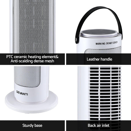 Devanti 2000W Ceramic Tower Heater Space Heaters Oscillating Indoor White.