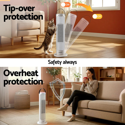 Devanti 2000W Ceramic Tower Heater Space Heaters Oscillating Indoor White.