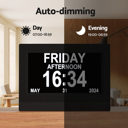 Artiss 7" Digital Day Clock Calendar Alarm Black.